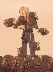 Rule 34 | 1boy, :3, :d, animal, animal on shoulder, axel syrios, axelotl (axel syrios), axolotl, belt, black gloves, black jacket, black pants, black shirt, blonde hair, blush, braid, closed eyes, commentary, crying, crying with eyes open, english commentary, flying, gloves, hair between eyes, happy, heart, helicopter tail, highres, holostars, holostars english, hug, jacket, kiss, kissing forehead, male focus, multicolored hair, nuzzle, open mouth, pants, red hair, shirt, short hair, side braid, simple background, smile, standing, tears, thigh strap, two-tone hair, virtual youtuber, yellow background, yuumavis