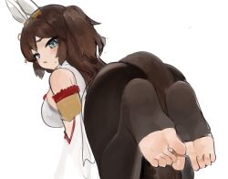 Rule 34 | animal ears, armpits, ass, blush, breasts, brown hair, commentary request, detached sleeves, dokomon, ear covers, feet, foot focus, green eyes, grey background, hair between eyes, highres, horse ears, horse girl, inari one (fields of gold) (umamusume), inari one (umamusume), large breasts, looking at viewer, obi, official alternate costume, official alternate hairstyle, presenting armpit, sash, short hair, simple background, soles, solo, sweat, toeless legwear, toes, two side up, umamusume, white sleeves, wide sleeves