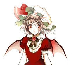 Rule 34 | 1girl, alternate costume, bat wings, bow, dress, flower, hat, hat bow, light purple hair, looking at viewer, mob cap, portrait, puffy sleeves, red dress, red eyes, remilia scarlet, rose, short hair, short sleeves, simple background, smile, solo, sugi, touhou, white background, wings