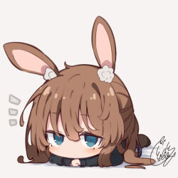 Rule 34 | 1girl, amiya (arknights), animal ear fluff, animal ears, arknights, beni shake, black footwear, black jacket, blue eyes, blue skirt, blush, brown pantyhose, chibi, closed mouth, commentary request, duplicate, full body, grey background, hair between eyes, jacket, long sleeves, looking at viewer, lying, notice lines, on stomach, pantyhose, pixel-perfect duplicate, rabbit ears, shadow, shoes, signature, simple background, skirt, solo