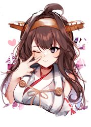 Rule 34 | 1girl, absurdres, ahoge, blush, breasts, brown hair, closed mouth, detached sleeves, double bun, hair between eyes, hair bun, hairband, headgear, heart, highres, japanese clothes, kantai collection, kongou (kancolle), kongou kai ni (kancolle), long hair, long sleeves, looking at viewer, medium breasts, miyasaka miyabi, nontraditional miko, one eye closed, purple eyes, ribbon-trimmed sleeves, ribbon trim, smile, solo, string, string of fate, triangle, upper body, white background