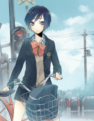 Rule 34 | 1girl, androgynous, bad id, bad pixiv id, badge, bag, basket, bicycle, black hair, black skirt, blazer, blue eyes, bow, bowtie, cloud, day, expressionless, highres, inko (mini), jacket, long sleeves, looking at viewer, miniskirt, original, outdoors, plaid, plaid shirt, pleated skirt, power lines, railroad crossing, red bow, red bowtie, school bag, school uniform, shirt, short hair, skirt, sky, solo, standing, sweater vest, swept bangs, traffic light, unbuttoned, utility pole, wing collar