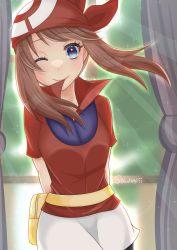 Rule 34 | 1girl, ;), absurdres, arms behind back, bandana, blouse, blue eyes, brown hair, creatures (company), fanny pack, game freak, highres, looking at viewer, may (pokemon), nintendo, one eye closed, pokemon, pokemon rse, red bandana, red shirt, shirt, smile, solo, twitter username, x napii