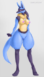 Rule 34 | 1girl, animal ears, animal hands, artist name, breasts, creatures (company), feet, female focus, flatcoat, full body, furry, furry female, game freak, gen 4 pokemon, legs apart, looking to the side, looking up, lucario, medium breasts, nintendo, nipples, nude, personification, pokemon, pokemon (creature), pokemon dppt, purple eyes, pussy, smile, solo, standing, tail, text focus, third-party edit, uncensored, wolf ears