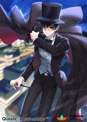 Rule 34 | 1boy, ayto, bad id, bad pixiv id, belt, black bow, black bowtie, black hair, black hat, black pants, blue eyes, bow, bowtie, cane, cape, formal, hat, male focus, mask, night, night sky, outdoors, pants, pocket, qurare magic library, sky, standing, top hat, traditional bowtie, watermark