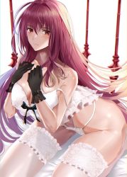 Rule 34 | 1girl, babydoll, bad id, bad twitter id, bare shoulders, bed sheet, black gloves, breasts, chromatic aberration, cleavage, collarbone, fate/grand order, fate (series), gae bolg (fate), gloves, groin, hair between eyes, highres, hip focus, lace, lace panties, large breasts, long hair, looking at viewer, nicky w, panties, polearm, purple hair, red eyes, scathach (fate), seiza, sidelocks, sitting, solo, spear, thighhighs, underwear, underwear only, very long hair, weapon, white babydoll, white panties, white thighhighs