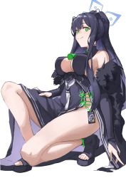 Rule 34 | 1girl, animal ears, black dress, black hair, blue archive, bridal gauntlets, center opening, china dress, chinese clothes, cleavage cutout, clothing cutout, dress, green eyes, halo, highres, ken rqll, long hair, on one knee, ponytail, shun (blue archive), side slit, solo, tiger ears, tiger girl, toeless footwear