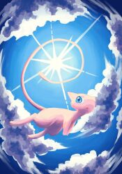Rule 34 | 7 phi 3, blue sky, cloud, cloudy sky, creatures (company), day, flying, full body, game freak, gen 1 pokemon, highres, legendary pokemon, mew (pokemon), mythical pokemon, nintendo, no humans, open mouth, outdoors, pokemon, pokemon (creature), sky, solo