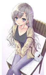 Rule 34 | 1girl, aramachi, bag, black bow, black shirt, blouse, blue eyes, blush, bow, braid, braided bangs, breasts, cardigan, chair, cleavage, collarbone, denim, earrings, handbag, highres, hisakawa hayate, idolmaster, idolmaster cinderella girls, idolmaster cinderella girls starlight stage, jeans, jewelry, long hair, long sleeves, looking at viewer, medium breasts, necklace, open cardigan, open clothes, open mouth, pants, parted bangs, ribbed shirt, shirt, silver hair, simple background, single braid, sitting, smile, solo, v arms
