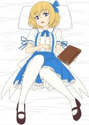 Rule 34 | 1girl, alice margatroid, alice margatroid (pc-98), bed sheet, blonde hair, blue eyes, blue ribbon, blue skirt, book, frilled skirt, frills, full body, hair ribbon, highres, kakone, looking at viewer, lying, mary janes, on back, pantyhose, pillow, red footwear, ribbon, shoes, short hair, short sleeves, skirt, solo, touhou, touhou (pc-98), white pantyhose