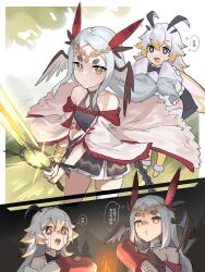 Rule 34 | + +, 2girls, 2koma, :t, bare shoulders, black bow, black ribbon, blonde hair, boned meat, bow, braid, character request, chewing, chinese commentary, chinese text, cloak, closed mouth, cocona (pfsoz), comic, crying, dress, eating, fire, food, food bite, headgear, highres, holding, holding food, holding sword, holding weapon, little nine, long hair, meat, multicolored hair, multiple girls, open mouth, pixiv fantasia, pixiv fantasia scepter of zeraldia, ribbon, sleeves past fingers, sleeves past wrists, speech bubble, sword, thick eyebrows, thought bubble, translation request, weapon, white hair, wings, yellow eyes