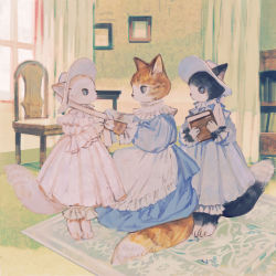 Rule 34 | animal, animal focus, apron, bloomers, blue dress, blue eyes, book, cat, chair, clothed animal, curtains, dress, dressing another, frilled dress, frilled shirt collar, frills, hat, highres, holding, holding book, indoors, kitten, kneeling, long dress, long sleeves, looking at another, no humans, orange cat, original, picture frame, ribbon, rug, tabby cat, tono (rt0no), underwear, white cat, white dress, white headwear, window