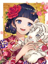 Rule 34 | 1girl, animal, blue eyes, blue hair, branch, cherry blossoms, commission, dark blue hair, earrings, floral print, flower, hair flower, hair ornament, hand up, highres, holding, holding animal, japanese clothes, jewelry, kimono, nail polish, open mouth, original, print kimono, red flower, red kimono, red nails, rinko (mjan3783), short hair, skeb commission, smile, solo, tiger, upper body, white tiger