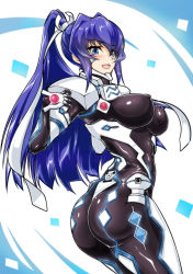 Rule 34 | 1girl, absurdres, ass, black bodysuit, blue eyes, blue hair, blush, bodysuit, breasts, covered erect nipples, fortified suit, from behind, hair intakes, highres, impossible bodysuit, impossible clothes, large breasts, long hair, looking at viewer, looking back, mitsurugi meiya, muv-luv, muv-luv alternative, open mouth, pilot suit, ponytail, sangyou haikibutsu a, shiny clothes, skin tight, smile, solo