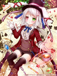 Rule 34 | 1girl, animal ears, rabbit hair ornament, cake, cake slice, card, cup, food, hair ornament, hairclip, hat, heterochromia, long hair, looking at viewer, official art, original, playing card, pocket watch, rabbit ears, seiten ragnarok, shitou, shorts, solo, tea, teacup, thighhighs, top hat, twintails, watch, white hair, white thighhighs, zettai ryouiki