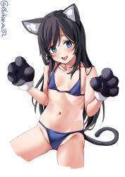 Rule 34 | 1girl, alternate costume, animal ears, animal hands, asashio (kancolle), bikini, black hair, blue eyes, breasts, collarbone, commentary request, ebifurya, fake animal ears, gloves, highres, kantai collection, kemonomimi mode, long hair, looking at viewer, navel, one-hour drawing challenge, paw gloves, simple background, small breasts, smile, solo, swimsuit, teeth, twitter username, upper teeth only, white background