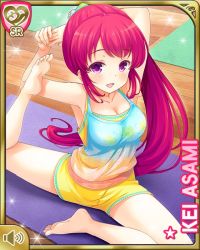 Rule 34 | 1girl, asami kei, bare arms, barefoot, blue shirt, bottle, breasts, card (medium), character name, cleavage, day, english text, girlfriend (kari), indoors, leaning forward, official art, open mouth, pink eyes, pink hair, ponytail, qp:flapper, school, shirt, shorts, smile, solo, sparkle, stretching, tagme, volume symbol, yellow shorts, yoga
