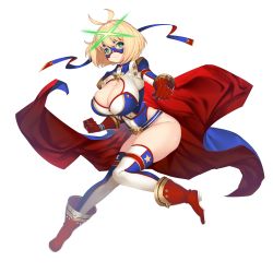 Rule 34 | 1girl, absurdres, arrow (tamawo222), blonde hair, blue eyes, boots, breasts, cape, cleavage, clenched hand, covered navel, diffraction spikes, full body, gloves, highres, large breasts, mask, official art, red cape, red footwear, red gloves, ribbon, short hair, simple background, smile, solo, white background