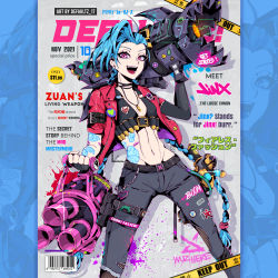 Rule 34 | :d, absurdres, ahoge, alternate costume, arcane: league of legends, artist name, barcode, belt, black belt, black pants, blue background, blue hair, braid, breasts, caution tape, character name, cover, defaultz, english text, fake magazine cover, fangs, gatling gun, get jinxed, groin, gun, handgun, heart, highres, holding, holding weapon, jacket, jewelry, jinx (league of legends), keep out, league of legends, long hair, long sleeves, looking at viewer, magazine cover, minigun, multiple views, navel, necklace, open clothes, open jacket, open mouth, pants, pink eyes, pistol, red jacket, rocket launcher, shell casing, short sleeves, small breasts, smile, solo, stomach, stomach tattoo, tattoo, teeth, translation request, twin braids, weapon
