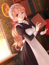 Rule 34 | 1girl, blonde hair, blush, book, bookshelf, glasses, holding, holding book, hsmoji, indoors, long hair, long sleeves, maid, original, pince-nez, ponytail, portrait (object), puffy long sleeves, puffy sleeves, red eyes, solo, standing, victorian maid, wallpaper (object), window