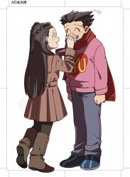 Rule 34 | 1boy, 1girl, ace attorney, black hair, blush, boots, braid, brown coat, brown footwear, brown hair, closed eyes, coat, full body, iris (ace attorney), long hair, long sleeves, looking at another, open mouth, pants, phoenix wright, phoenix wright: ace attorney - trials and tribulations, pink sweater, red scarf, scarf, shoes, short hair, smile, standing, sweater, tissue, wahootarou, wiping face
