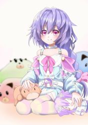 Rule 34 | 1girl, bare shoulders, blush, blush stickers, braid, character doll, choker, commentary request, curly hair, d-pad, d-pad hair ornament, dress, hair ornament, highres, indoors, kami jigen game neptune v, light purple hair, long hair, looking at viewer, naoya (naoya ee), neptune (neptunia), neptune (series), pink eyes, purple hair, pururut, seiza, single braid, sitting, smile, solo, striped clothes, striped thighhighs, stuffed toy, thighhighs, very long hair, white choker