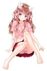 Rule 34 | 1girl, animal ears, arm support, bare legs, barefoot, blush, breasts, brown hair, cat ears, feet, full body, grey panties, hair ribbon, highres, knees up, legs, long hair, looking at viewer, mutou mato, navel, original, panties, pantyshot, pink eyes, pink ribbon, pink shirt, plaid, plaid skirt, red skirt, ribbon, shirt, simple background, sitting, skirt, small breasts, smile, solo, t-shirt, tied shirt, toenails, toes, underwear, white background