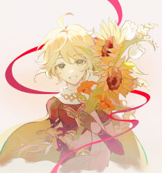 1boy absurdres aether_(genshin_impact) ahoge armor blonde_hair braid capelet flower flve genshin_impact gloves hair_between_eyes highres holding holding_flower looking_at_viewer midriff scarf simple_background sunflower upper_body white_background white_capelet white_flower yellow_eyes