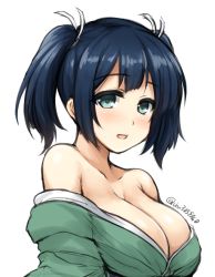 Rule 34 | 10s, 1girl, :d, aqua eyes, bare shoulders, blue hair, blush, breasts, collarbone, don (29219), female focus, hair ribbon, japanese clothes, kantai collection, large breasts, looking at viewer, neck, off shoulder, open mouth, ribbon, short hair, simple background, smile, solo, souryuu (kancolle), sweat, twintails, twitter username, undressing, upper body, white background