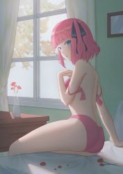 Rule 34 | 1girl, absurdres, ass, bed, bedroom, blue eyes, blunt bangs, blush, bra, breasts, butterfly hair ornament, curtains, flower, from behind, go-toubun no hanayome, hair ornament, hair ribbon, hand on own chest, highres, looking at viewer, looking back, nakano nino, nightstand, on bed, open bra, open mouth, panties, petals, pillow, pink bra, pink hair, pink panties, ribbon, rose, rose petals, short hair, sitting, solo, sunlight, underwear, underwear only, vase, window, yihsien