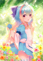 Rule 34 | 1girl, ahoge, backlighting, blonde hair, blue dress, blue gloves, blue hair, blurry, blurry foreground, blush, bow, bug, butterfly, colored eyelashes, commentary request, day, depth of field, dress, flower, frilled bow, frills, gloves, hair between eyes, hair bow, insect, kuroe (sugarberry), little alice (wonderland wars), looking at viewer, looking to the side, multicolored hair, outdoors, parted lips, pink flower, puffy short sleeves, puffy sleeves, purple bow, red eyes, red flower, short sleeves, smile, solo, striped clothes, striped thighhighs, thighhighs, two-tone hair, vertical-striped clothes, vertical-striped thighhighs, wonderland wars, yellow flower