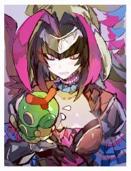 ahoge black_hair blonde_hair breasts bright_pupils brown_dress brown_hair cleavage creatures_(company) dress drooling flying_sweatdrops game_freak gen_1_pokemon gloves huge_ahoge hungry kantarou_(8kan) looking_at_another mega_pidgeot mega_pokemon multicolored_hair nintendo open_mouth personification pidgeot pokemon pokemon_(creature) pokemon_on_arm red_eyes red_hair sweatdrop white_pupils