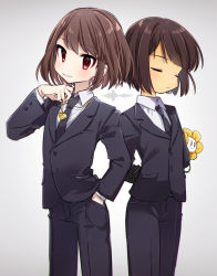 Rule 34 | 1boy, 2others, black neckwear, black pants, black suit, blunt bangs, blush, bob cut, brown hair, chara (undertale), closed eyes, closed mouth, collared shirt, cowboy shot, dress shirt, flower, flowey (undertale), formal, frisk (undertale), gold necklace, grey background, hand in pocket, hand up, heart, heart necklace, highres, holding, holding jewelry, holding necklace, jacket, jewelry, leftporygon, looking at viewer, multiple others, necklace, necktie, pants, plant, red eyes, shirt, short hair, simple background, smile, suit, suit jacket, swept bangs, undertale, vines, white shirt, yellow flower, | |