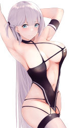 Rule 34 | 1girl, arm strap, armpits, arms behind head, arms up, azur lane, bare shoulders, blue eyes, blush, breasts, center opening, cleavage, closed mouth, collarbone, criss-cross halter, dress, halter dress, halterneck, highres, itete, large breasts, long hair, looking at viewer, mole, mole under eye, navel, one side up, race queen, revealing clothes, shoukaku (azur lane), shoukaku (sororal wings) (azur lane), smile, thighs, white hair