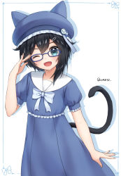 Rule 34 | 1girl, ;d, animal ears, animal hat, bad id, bad pixiv id, beret, black hair, blue-framed eyewear, blue bow, blue dress, blue eyes, blue hat, blush, bow, cat ears, cat hat, cat tail, commentary request, commission, dress, drop shadow, fake animal ears, frilled dress, frills, glasses, hair between eyes, hair ornament, hairclip, hand up, hat, looking at viewer, one eye closed, open mouth, original, puffy short sleeves, puffy sleeves, sailor collar, sailor dress, short hair, short sleeves, smile, solo, tail, twitter username, white background, white sailor collar, yumoran