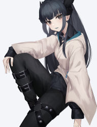 Rule 34 | 1girl, absurdres, artemis of the blue, bad id, bad pixiv id, black eyes, black hair, black pants, black shirt, blouse, breasts, feet out of frame, highres, long hair, long sleeves, mea (hwaksal), open mouth, pants, robe, shirt, sitting, solo, teeth, virtual youtuber, white background, white robe
