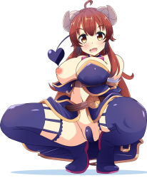 Rule 34 | 1girl, ahoge, bad id, bad pixiv id, blush, boots, breasts, brown eyes, brown hair, cameltoe, cleft of venus, demon girl, demon horns, demon tail, fang, garter straps, highres, horns, inverted nipples, large breasts, long hair, looking at viewer, machikado mazoku, naruse mai, navel, nipple slip, nipples, open mouth, revealing clothes, simple background, skin fang, solo, spread legs, squatting, tail, tears, thigh boots, thighhighs, white background, yoshida yuuko (machikado mazoku)
