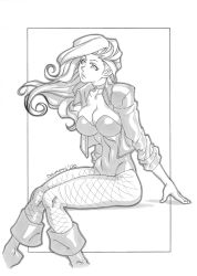Rule 34 | 1girl, arm support, black canary, bodysuit, boots, breasts, choker, cleavage, collar, cropped jacket, daikon (artist), daikon (daicombo), dated, dc comics, female focus, fishnet pantyhose, fishnets, floating hair, framed, from side, full body, greyscale, highleg, highleg leotard, hip focus, jacket, justice league, knee boots, knees together feet apart, large breasts, leather, leather jacket, leotard, lips, long hair, looking up, monochrome, open clothes, open jacket, outline, pantyhose, shadow, sideboob, signature, simple background, sitting, sleeves rolled up, solo, strapless, strapless leotard, superhero costume, swept bangs, traditional media, wavy hair