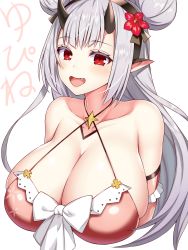 Rule 34 | 1girl, armband, asamura hiori, bikini, breasts, cleavage, epic seven, flower, hair flower, hair ornament, hairband, highres, horns, huge breasts, long hair, looking at viewer, open mouth, pointy ears, red eyes, swimsuit, upper body, white hair, yufine (epic seven)