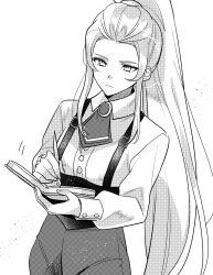 Rule 34 | 1girl, absurdres, book, closed mouth, fire emblem, fire emblem engage, greyscale, highres, holding, illust mi, jade (fire emblem), long hair, long sleeves, monochrome, necktie, nintendo, official alternate costume, open book, pen, ponytail, shirt, solo, suspenders, upper body, very long hair, white background, white shirt
