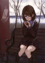 Rule 34 | 1girl, :o, absurdres, bare tree, bench, black skirt, black socks, blue eyes, blue scarf, breath, brown hair, can, canned coffee, coat, day, drink can, enpera, fog, glasses, hair between eyes, hands up, highres, holding, holding can, jacket, kneehighs, knees together feet apart, open clothes, open coat, original, outdoors, parsley-f, parted lips, pleated skirt, red-framed eyewear, scarf, semi-rimless eyewear, sitting, skirt, socks, solo, thighs, tree, under-rim eyewear, vending machine
