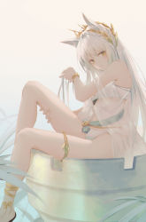 Rule 34 | 1girl, 7ife, absurdres, animal ear fluff, animal ears, arknights, bikini, breasts, brown eyes, highres, holding, holding leg, holding own hair, horse ears, laurel crown, long hair, looking at viewer, navel, official alternate costume, platinum (arknights), platinum (shimmering dew) (arknights), sandals, sash, see-through, sidelocks, sitting, small breasts, solo, stomach, swimsuit, tail, thighlet, thighs, very long hair, white bikini, white hair