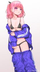 Rule 34 | 1girl, bikini, black bikini, blue track suit, blush, breasts, clothes pull, earrings, feet out of frame, gradient background, hair ornament, hand on own arm, highres, ishikawa mami, jacket, jewelry, looking at viewer, medium breasts, medium hair, non-web source, off shoulder, open clothes, open jacket, original, pants, pants pull, pink eyes, pink hair, solo, stud earrings, sweat, swimsuit, track jacket, track pants, track suit, two side up