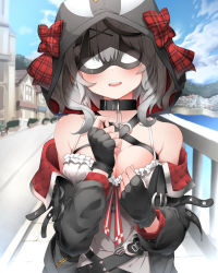 Rule 34 | 1girl, bare shoulders, black collar, black gloves, black hair, black jacket, blush, bow, breasts, collar, commentary request, day, eye mask, facing viewer, fingerless gloves, gloves, hair ornament, hands up, highres, hololive, hood, hood up, jacket, large breasts, long sleeves, medium hair, multicolored hair, off shoulder, open clothes, open jacket, outdoors, parted lips, pepushi drow, plaid, plaid bow, red bow, sakamata chloe, shirt, silver hair, smile, solo, streaked hair, teeth, upper body, upper teeth only, virtual youtuber, white shirt, x hair ornament