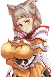 Rule 34 | absurdres, animal ears, breasts, cat ears, cat girl, highres, kenichiart, large breasts, nia (xenoblade), simple background, solo, white background, xenoblade chronicles (series), xenoblade chronicles 2, yellow eyes