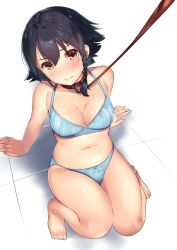 Rule 34 | 10s, 1girl, 3:, arm support, barefoot, black hair, blue bow, blue bra, blue panties, blush, bow, bow panties, bra, breasts, cleavage, closed mouth, collar, commentary request, girls und panzer, hair between eyes, highres, kagematsuri, knees up, leash, looking at viewer, medium breasts, navel, panties, pepperoni (girls und panzer), short hair, sitting, solo, sweatdrop, thighs, tile floor, tiles, underwear, viewer holding leash, white background, yellow eyes