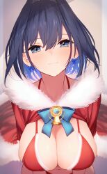 Rule 34 | 1girl, blue bow, blue eyes, blue hair, bow, bra, breasts, brooch, choppy bangs, cleavage, cropped arms, cropped legs, getto, highres, hololive, hololive english, jewelry, large breasts, looking at viewer, medium hair, ouro kronii, panties, red bra, red panties, red shrug, santa costume, underwear, virtual youtuber
