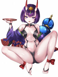 Rule 34 | 1girl, alcohol, barefoot, between toes, blunt bangs, bob cut, bottle, breasts, cup, fangs, fate/grand order, fate (series), feet, gairou (takakuan), highres, horns, japanese clothes, kimono, looking at viewer, navel, oni, open clothes, open kimono, open mouth, purple eyes, purple hair, sakazuki, sake, short hair, shuten douji (fate), shuten douji (first ascension) (fate), simple background, skin-covered horns, small breasts, smile, solo, spread legs, toes, white background