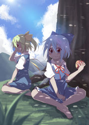 Rule 34 | 2girls, apple, barefoot, blue dress, blue eyes, blue hair, blue sky, blurry, bow, cirno, cloud, daiyousei, dappled sunlight, day, depth of field, dress, eating, fairy wings, food, food bite, food on face, fruit, grass, hair bow, hair bun, hair ribbon, hakobako, ice, ice wings, indian style, multiple girls, open mouth, puffy sleeves, ribbon, shade, shirt, short sleeves, side ponytail, sitting, sky, smile, sunlight, touhou, tree, wariza, wings