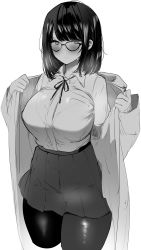 Rule 34 | 1girl, absurdres, bad id, bad twitter id, blush, breasts, collared shirt, dress shirt, glasses, greyscale, highres, jacket, large breasts, long sleeves, looking at viewer, mitsudoue, mole, mole under eye, monochrome, open clothes, open jacket, original, pantyhose, shirt, shirt tucked in, short hair, skirt, solo, thighs